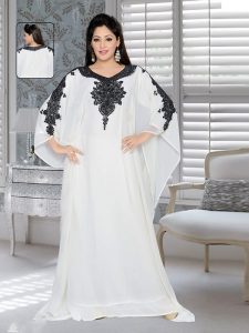 Off White Embroidered Faux Georgette Farasha