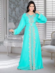 Sea Green Embroidered Faux Georgette Kaftan