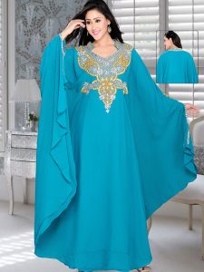 Turquoise Blue Embroidered Faux Georgette Farasha