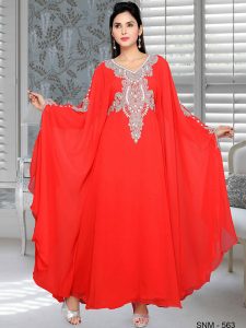 Red Embroidered Faux Georgette Kaftan