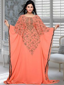 Peach Embroidered Faux Georgette Farasha