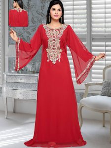 Red Embroidered Faux Georgette Kaftan