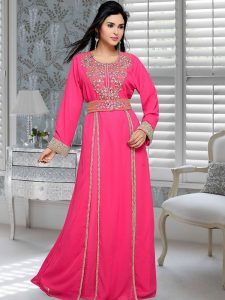 Fuchsia Pink Embroidered Faux Georgette Kaftan