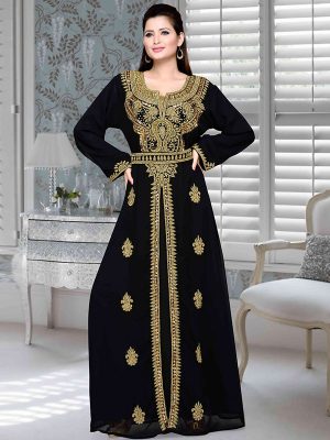 Black Embroidered Faux Georgette Kaftan