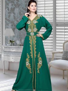 Teal Green Embroidered Faux Georgette Kaftan