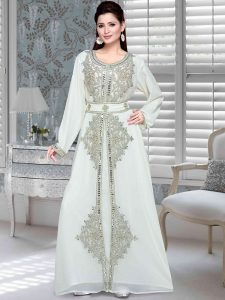 Off White Embroidered Faux Georgette Kaftan