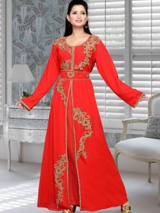 Red Embroidered Faux Georgette Kaftan