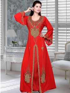 Red Embroidered Faux Georgette Kaftan