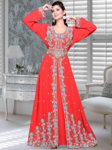 Coral Embroidered Faux Georgette Kaftan