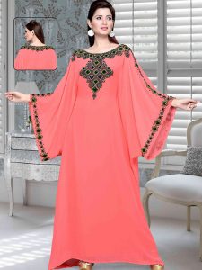 Coral Embroidered Faux Georgette Farasha