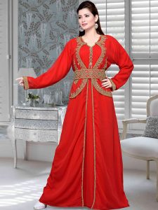 Red Embroidered Faux Georgette Kaftan