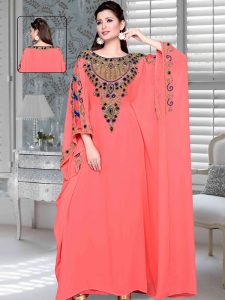 Coral Embroidered Faux Georgette Farasha