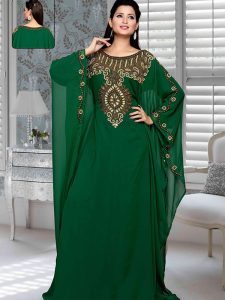 Bottle Green Embroidered Faux Georgette Farasha