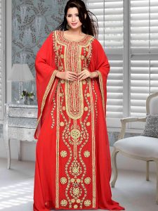 Red Embroidered Faux Georgette Farasha