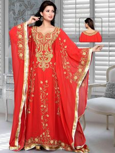 Red Embroidered Faux Georgette Farasha