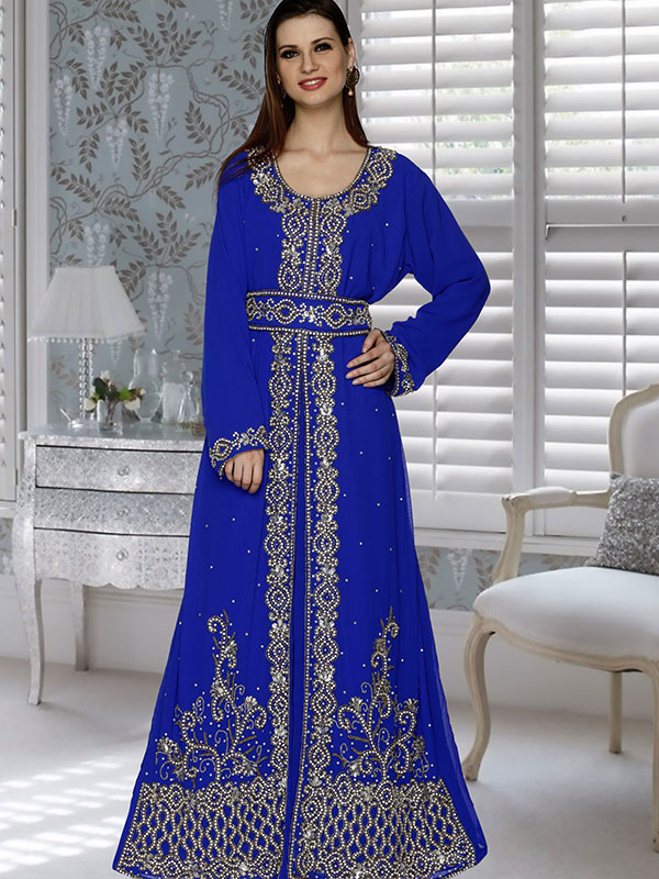 Royal Blue Embroidered Faux Georgette Kaftan - Zakarto