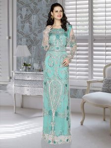 Sea Green Embroidered Net And Satin Kaftan