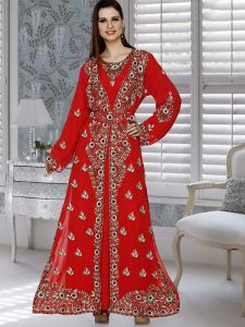 Red Embroidered Faux Georgette Kaftan