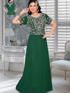 Bottle Green Embroidered Faux Georgette Kaftan