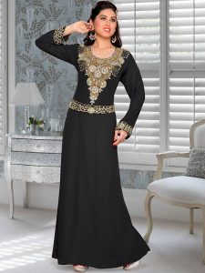 Black Embroidered Faux Georgette Kaftan