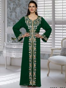 Bottle Green Embroidered Faux Georgette Kaftan