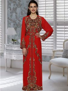 Red Embroidered Faux Georgette Kaftan