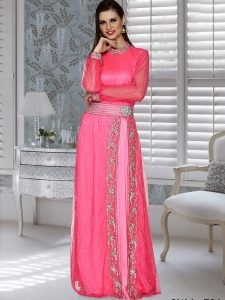 Pink Embroidered Net And Satin Kaftan