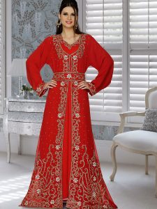 Red Embroidered Faux Georgette Kaftan