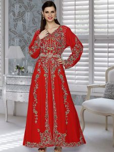 Red Embroidered Faux Georgette Kaftan