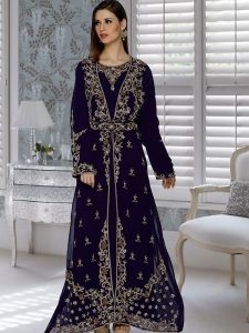 Navy Blue Embroidered Faux Georgette Kaftan