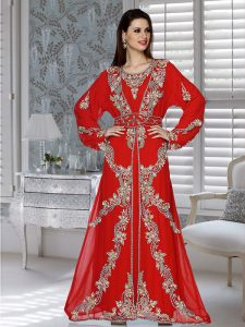 Red Embroidered Faux Georgette Kaftan