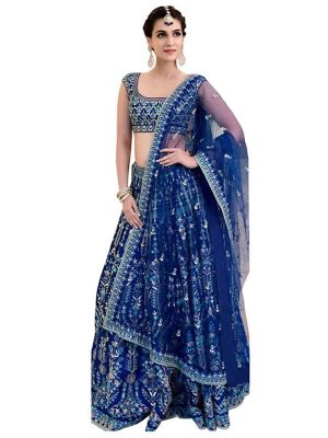 Buy Taffeta Silk Blue Bollywood Replica Lehenga Choli