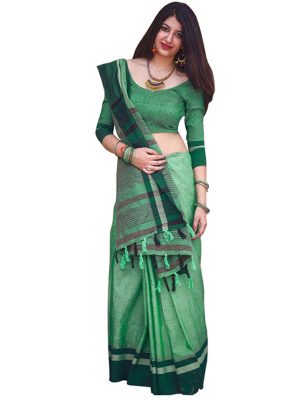 Buy Cotton Silk Dark Green Replica Saree
