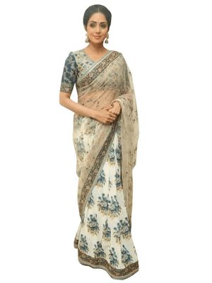 Sridevi Nylon Net With Banglori Silk Cream & Off White Replica Saree