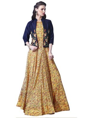 Buy Chanderi Cotton Yellow Replica Long Gown
