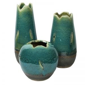 Handcrafted Dual tone Teal Green Ceramic Glossy Vase - Set of 3