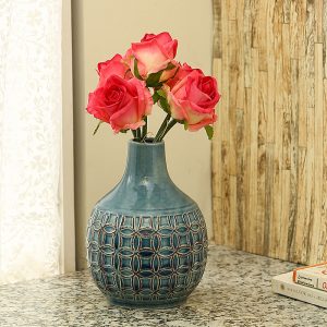 Royal Blue Crinkled Effect Round Ceramic Vase