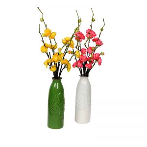 Embossed Leaf Design Green & White Ceramic Vase - Set of 2