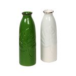 Embossed Leaf Design Green & White Ceramic Vase - Set of 2