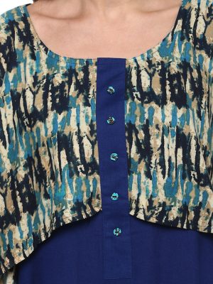 Women Blue Printed A-Line Kurta with Layered Shrug