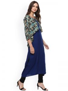 Women Blue Printed A-Line Kurta with Layered Shrug