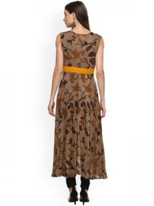 Women Brown Panelled Printed Anarkali Kurta