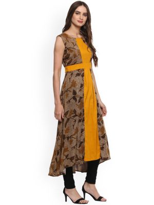 Women Brown Panelled Printed Anarkali Kurta