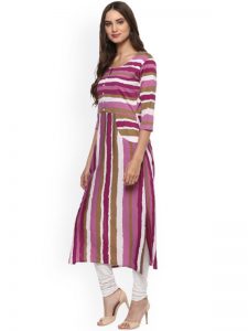 Women Pink & White Striped Straight Kurta