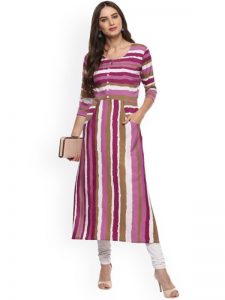 Women Pink & White Striped Straight Kurta