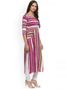 Women Pink & White Striped Straight Kurta