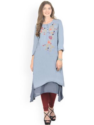 Women Grey Embroidered Layered Asymmetric Kurta