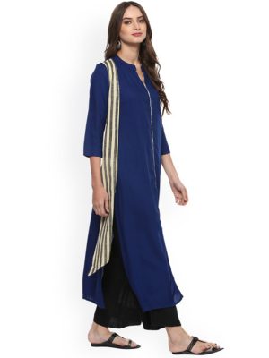 Women Blue Solid Kurta with Layered Striped Shrug-Like Detail