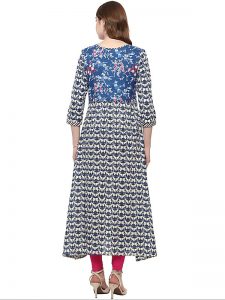 White Floral Viscose Rayon Round Neck Kurti