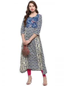 White Floral Viscose Rayon Round Neck Kurti